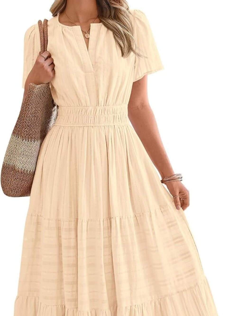 BTFBM Dresses Women Short Sleeve V Neck Elastic Waist Maxi Dress